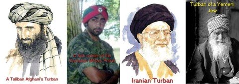 Turbans as worn by Afghani Taliban, a Sikh soldier in the Canadian military, Iranian Taliban, and a Yemeni Jew.